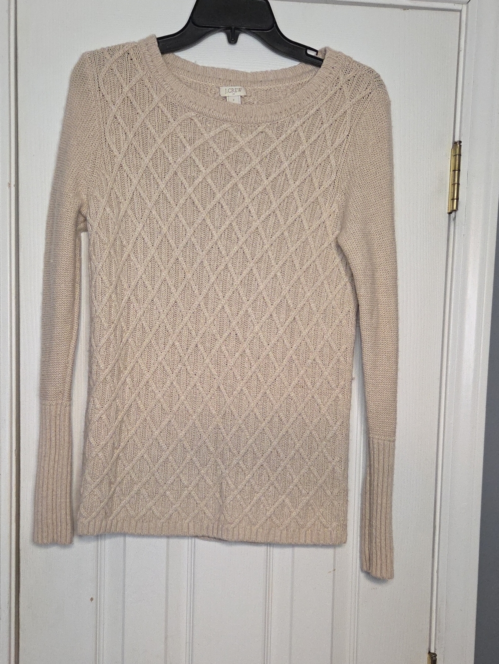 J. Crew Factory Neutral Cream Diamond Cable Crewneck Merino Wool Blend Sweater